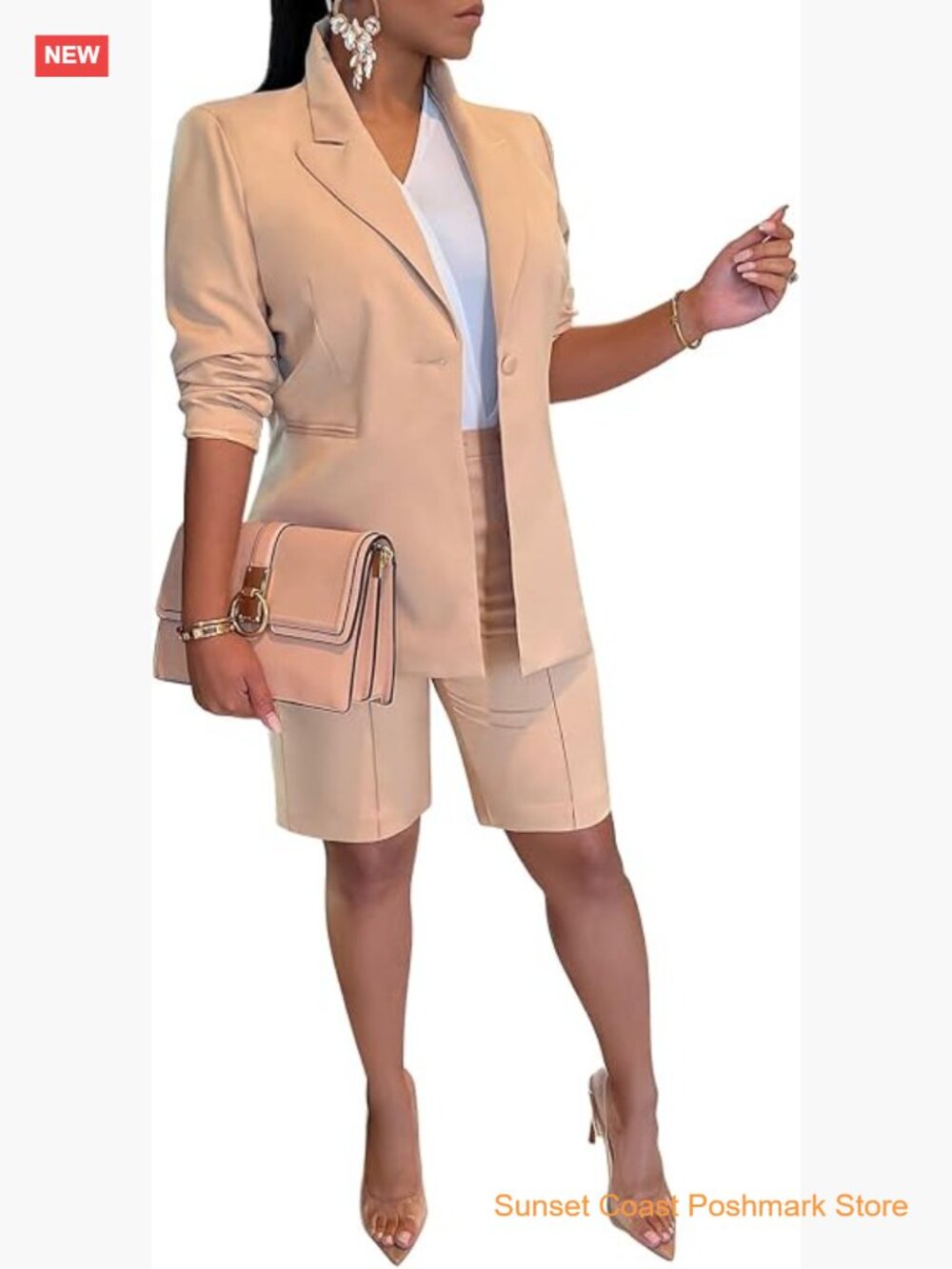 Womens 2 Piece Blazer Shorts Set Open Front Suit Jacket and Bermuda Shorts